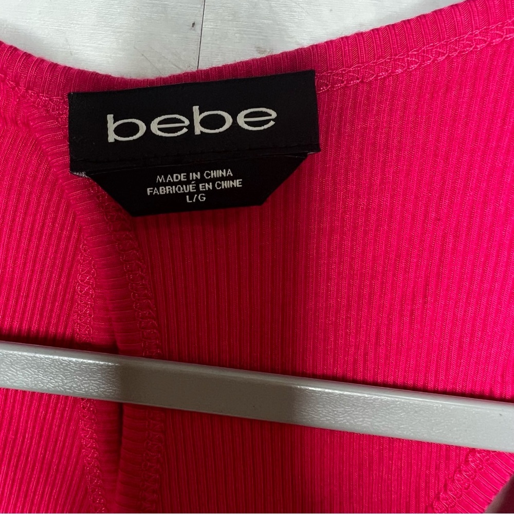 Bebe Bright Pink Ribbed Rhinestone Cross back Tank Large - Picture 3 of 7